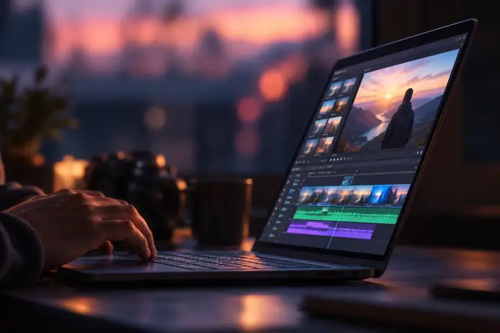 A conventional video editing workspace open on a laptop.