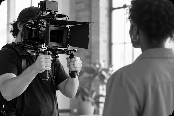 A traditional camera operator working with filming equipment.