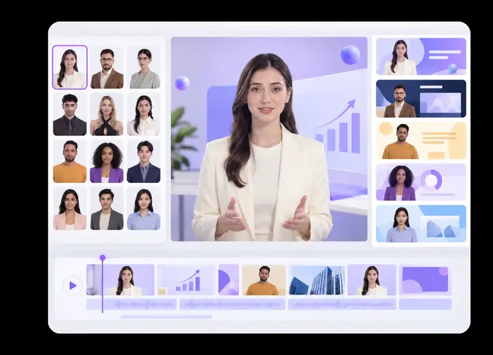 A video creation interface showing a selection of presenter avatars and editable templates.