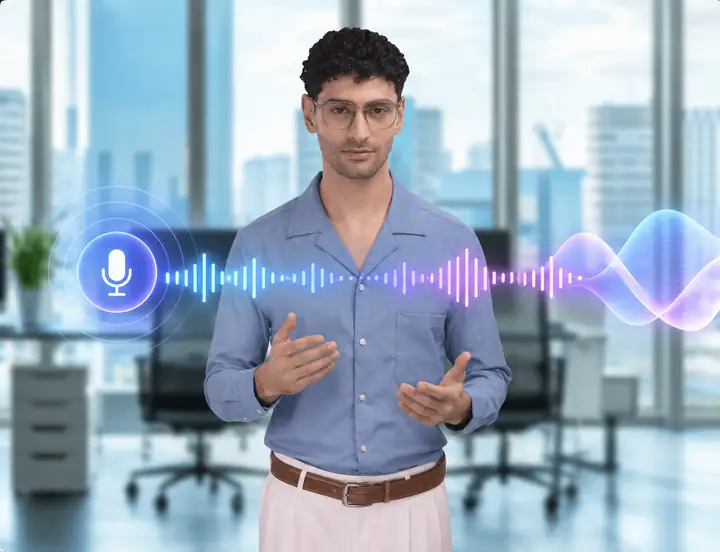 A visual overview of voice creation with a speaker and audio waveform.